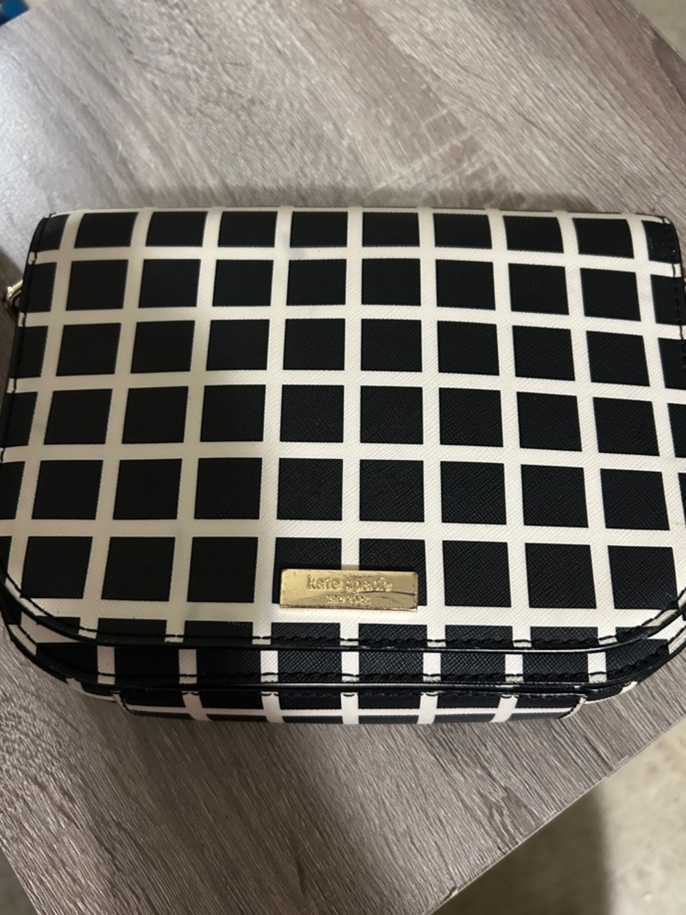 kate spade Black and White Grid Crossbody Bag with Gold Plaque